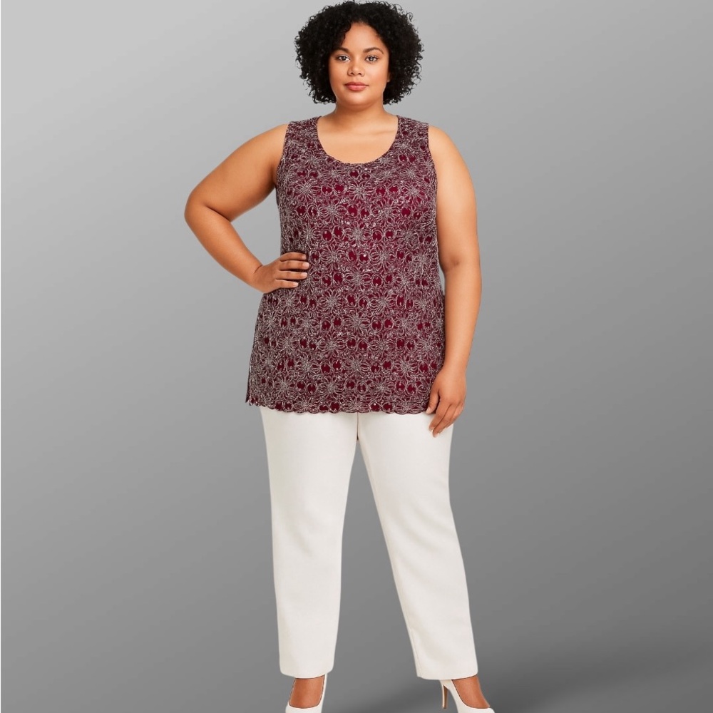 Brittany Black Women’s Maroon Sequin Glitter Tunic Top Beaded Sparkle Sleeveless
